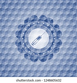 syringe icon inside blue emblem with geometric pattern.