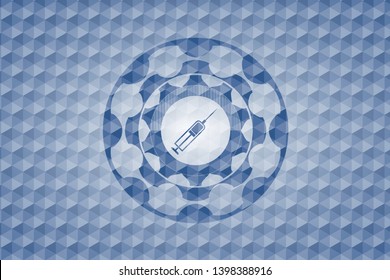 syringe icon inside blue emblem or badge with abstract geometric polygonal pattern background.