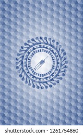 syringe icon inside blue hexagon emblem.