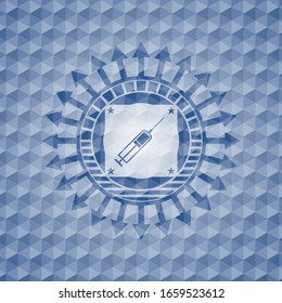 syringe icon inside blue hexagon badge.
