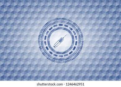 syringe icon inside blue polygonal badge.