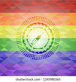 syringe icon inside emblem on mosaic background with the colors of the LGBT flag