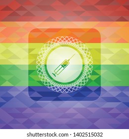 syringe icon inside emblem on mosaic background with the colors of the LGBT flag