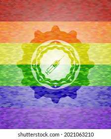 syringe icon inside emblem on mosaic background with the colors of the LGBT flag. 