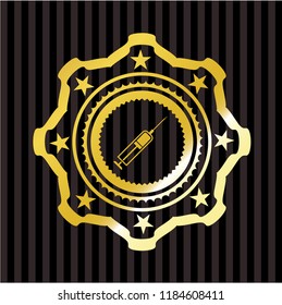 syringe icon inside gold emblem or badge