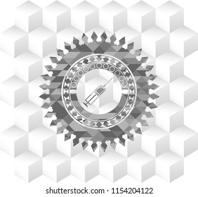 syringe icon inside grey badge with geometric cube white background