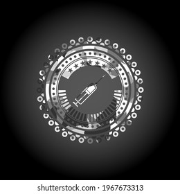 syringe icon inside grey camo emblem. 