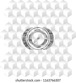 syringe icon inside grey emblem with geometric cube white background