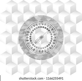 syringe icon inside grey emblem. Vintage with geometric cube white background