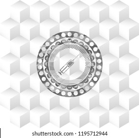 syringe icon inside grey emblem. Retro with geometric cube white background