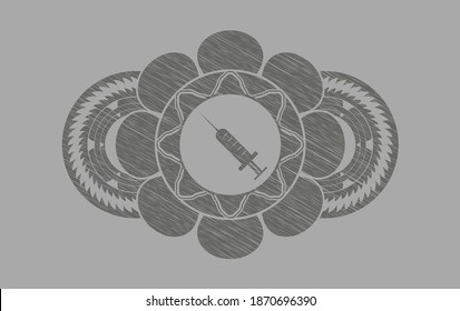 Syringe icon inside Grey stroke badge. Solid delicate background. Vector illustration. 