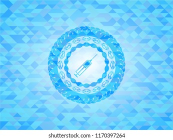 syringe icon inside light blue emblem. Mosaic background