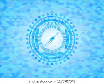 syringe icon inside light blue emblem with mosaic ecological style background