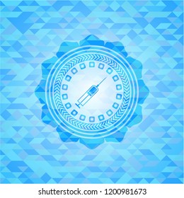 syringe icon inside light blue emblem with mosaic background