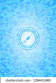 syringe icon inside light blue emblem with triangle mosaic background