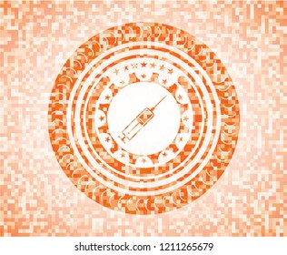 syringe icon inside orange mosaic emblem