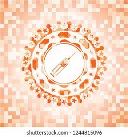 syringe icon inside orange mosaic emblem