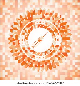 syringe icon inside orange tile background illustration. Square geometric mosaic seamless pattern with emblem inside.