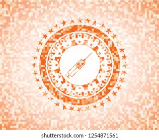 syringe icon inside orange tile background illustration. Square geometric mosaic seamless pattern with emblem inside.