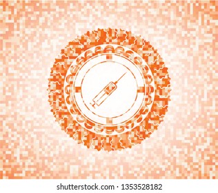 syringe icon inside orange tile background illustration. Square geometric mosaic seamless pattern with emblem inside.