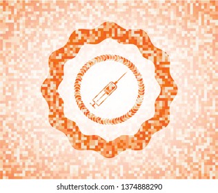 syringe icon inside orange tile background illustration. Square geometric mosaic seamless pattern with emblem inside.