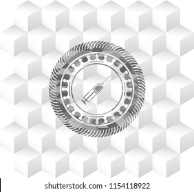 syringe icon inside realistic grey emblem with cube white background