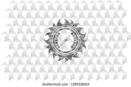 syringe icon inside realistic grey emblem with geometric cube white background