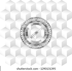 syringe icon inside realistic grey emblem with cube white background
