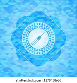 syringe icon inside realistic light blue emblem. Mosaic background