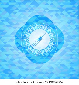 syringe icon inside realistic light blue emblem. Mosaic background