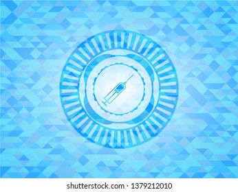 syringe icon inside realistic light blue mosaic emblem