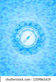 syringe icon inside realistic sky blue emblem. Mosaic background