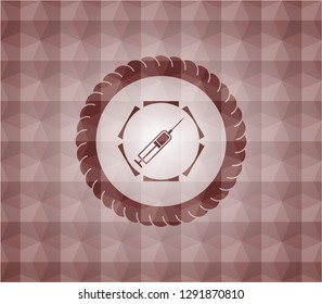 syringe icon inside red emblem with geometric pattern background. Seamless.