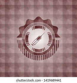syringe icon inside red emblem or badge with abstract geometric polygonal pattern background. Seamless.