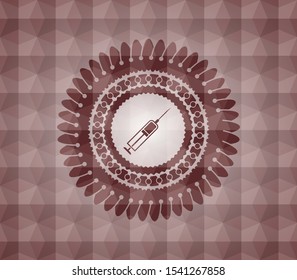 syringe icon inside red emblem or badge with abstract geometric polygonal pattern background. Seamless.