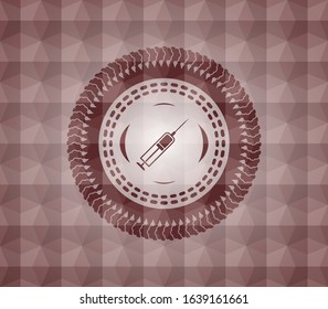 syringe icon inside red emblem with geometric background. Seamless.