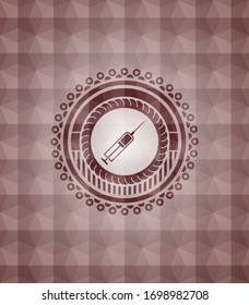 syringe icon inside red emblem with geometric pattern background. Seamless.