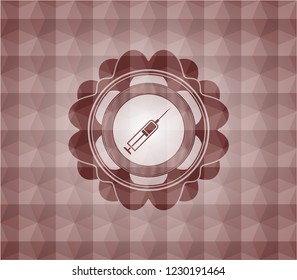 syringe icon inside red seamless emblem or badge with abstract geometric polygonal pattern background.