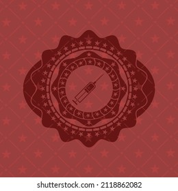 icono de la jeringa dentro del emblema rojo retro. 