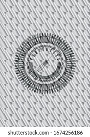 icono de la jeringa dentro del emblema plateado. Patrón de escalas. Ilustración vectorial. Detallado.