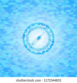 syringe icon inside sky blue emblem with mosaic ecological style background