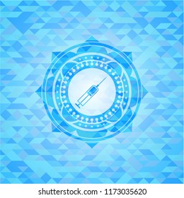 syringe icon inside sky blue emblem with mosaic background