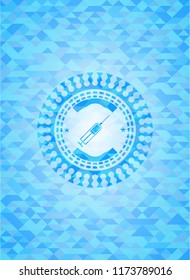 syringe icon inside sky blue emblem. Mosaic background