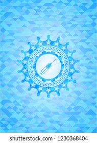 syringe icon inside sky blue emblem with triangle mosaic background