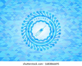 syringe icon inside sky blue emblem. Mosaic background