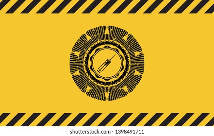 syringe icon inside warning sign, black grunge emblem. Vector Illustration. Detailed.