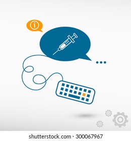 Syringe icon and keyboard on chat speech bubbles. Line icons for application and creative process