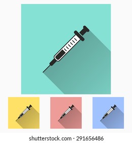 Syringe icon with long shadow, flat design. Vector illustration.