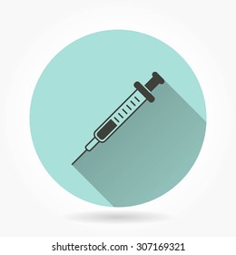Syringe  icon with long shadow, flat design. Vector illustration.