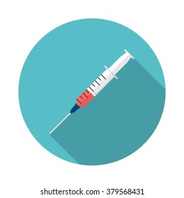 Syringe icon with long shadow. Flat design style. Round icon. Syringe silhouette. Simple circle icon. Modern flat icon in stylish colors. Web site page and mobile app design element.